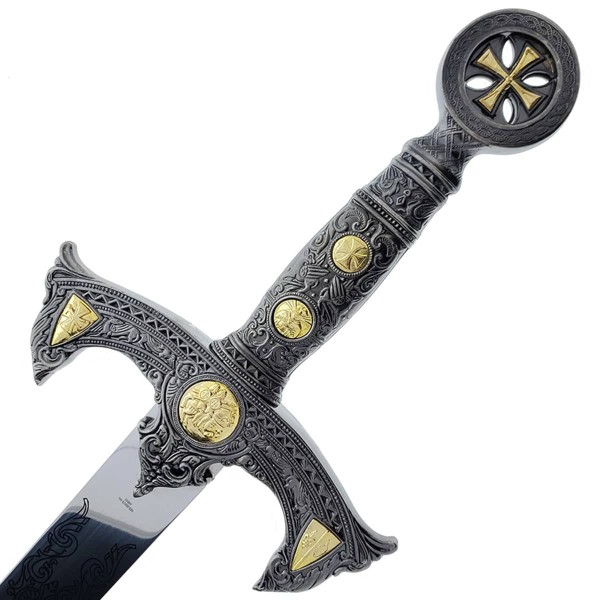 Decorative Knights Templar medieval sword with ornate black and gold handle by Knight Collections