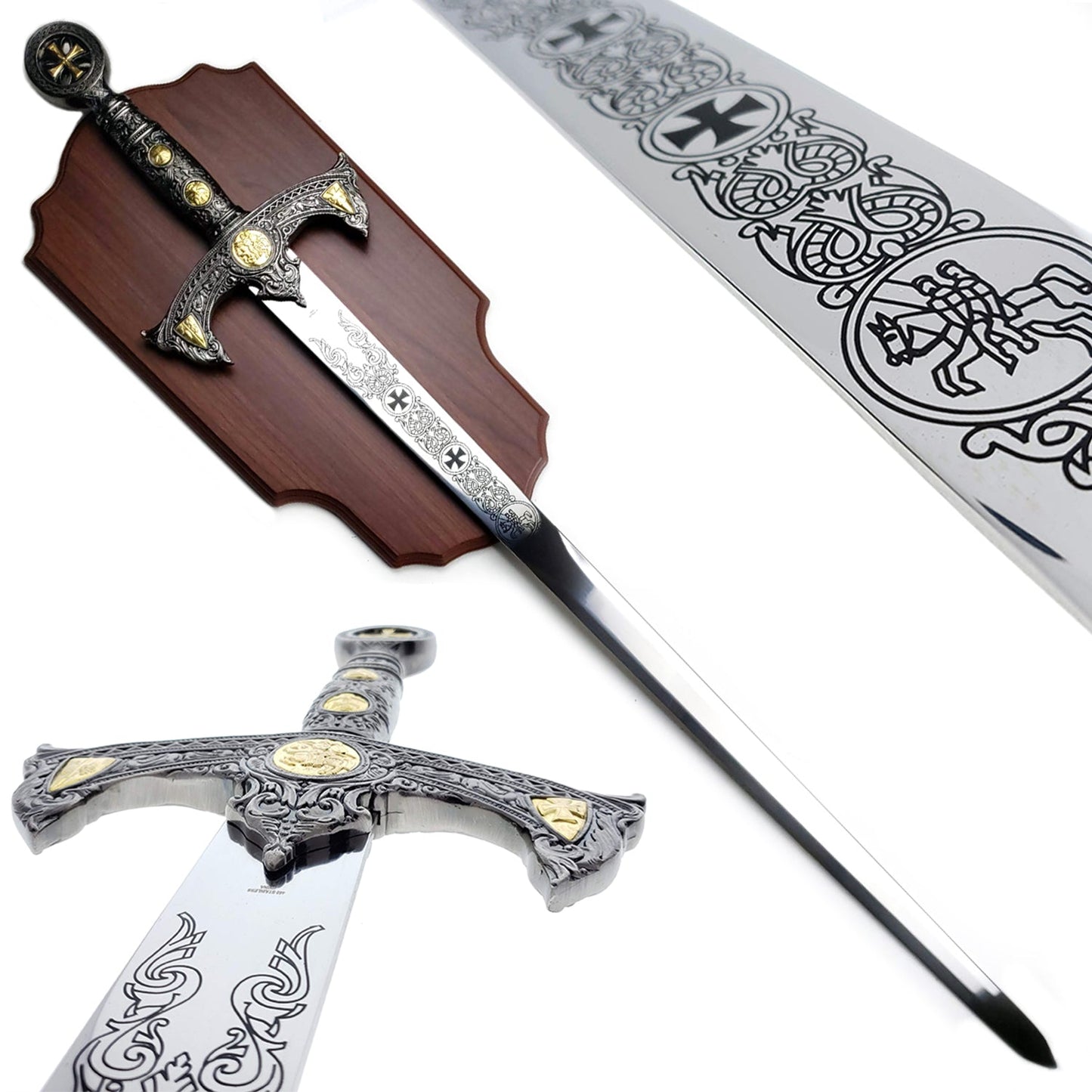 Decorative Knights Templar medieval sword with intricate engravings and wooden wall plaque from Knight Collections