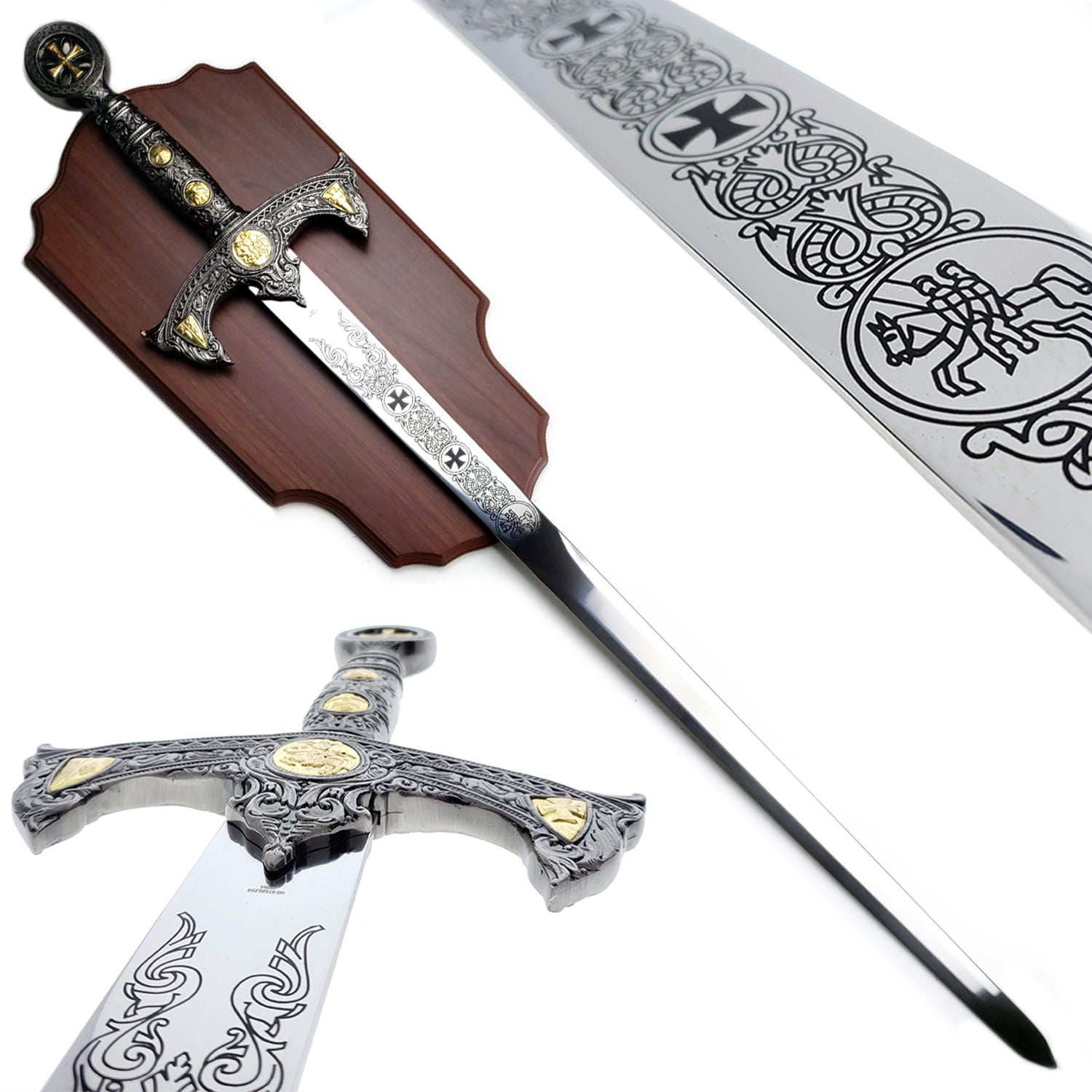 Decorative Knights Templar medieval sword with intricate engravings and wooden wall plaque from Knight Collections