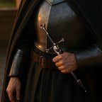 Anduril Dagger with intricate design held by a cloaked figure in armor