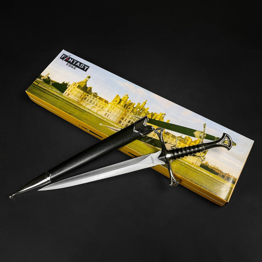 Anduril Dagger with a polished blade and ornate hilt, displayed in a fantasy-themed box