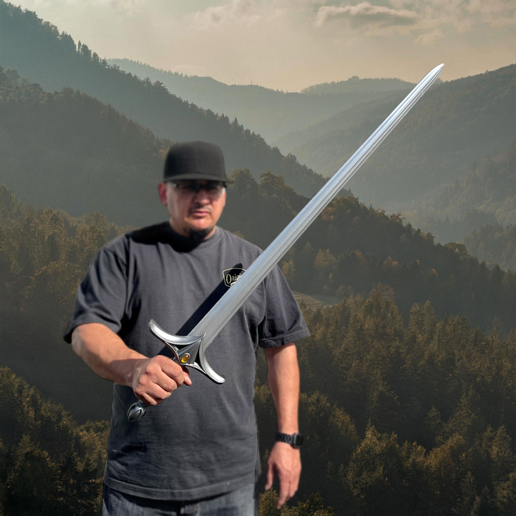 Knight's Collection Fantasy Foam Power Sword held by a person against a mountainous landscape