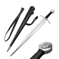 Hand-forged battle-ready medieval sword with black leather scabbard and detailed metal pommel