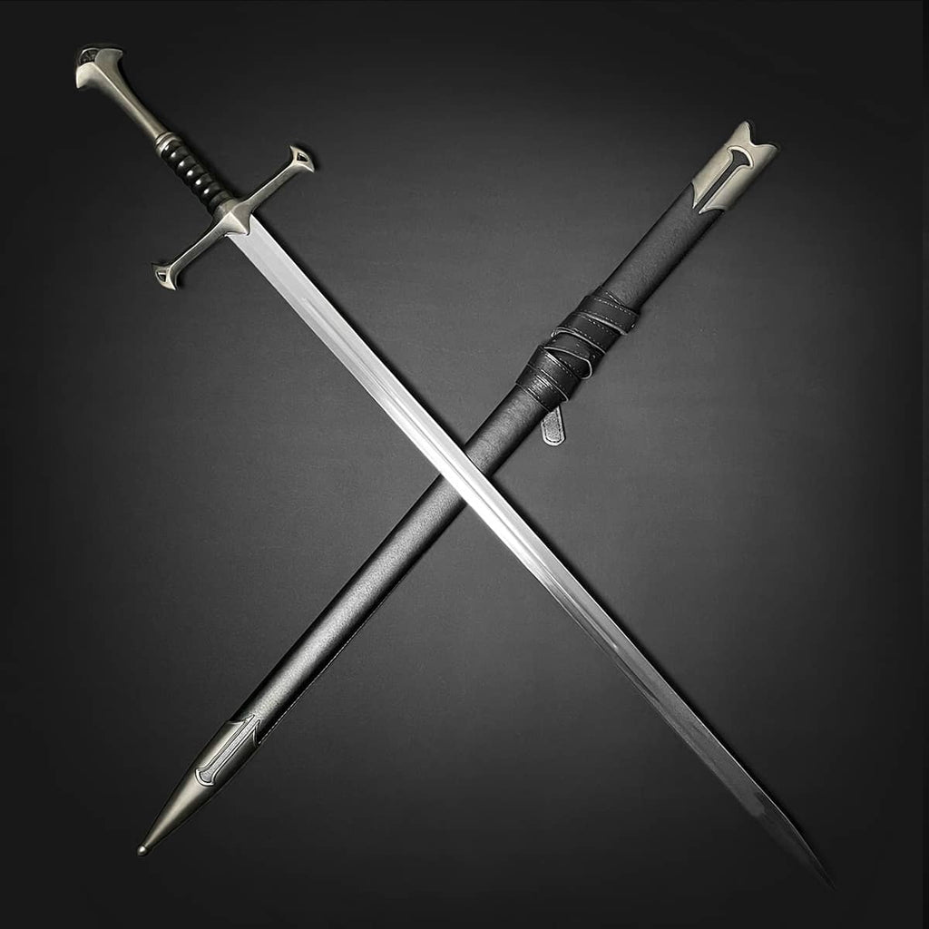 Knight Collections hand-forged battle-ready medieval sword with black handle and matching scabbard on black background