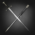 Knight Collections hand-forged battle-ready medieval sword with black handle and matching scabbard on black background