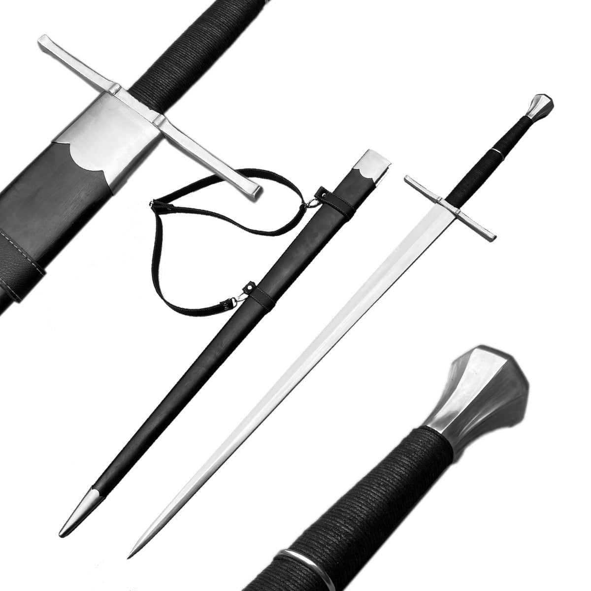 Knights Collection hand forged battle ready medieval sword with black leather scabbard and wrapped handle