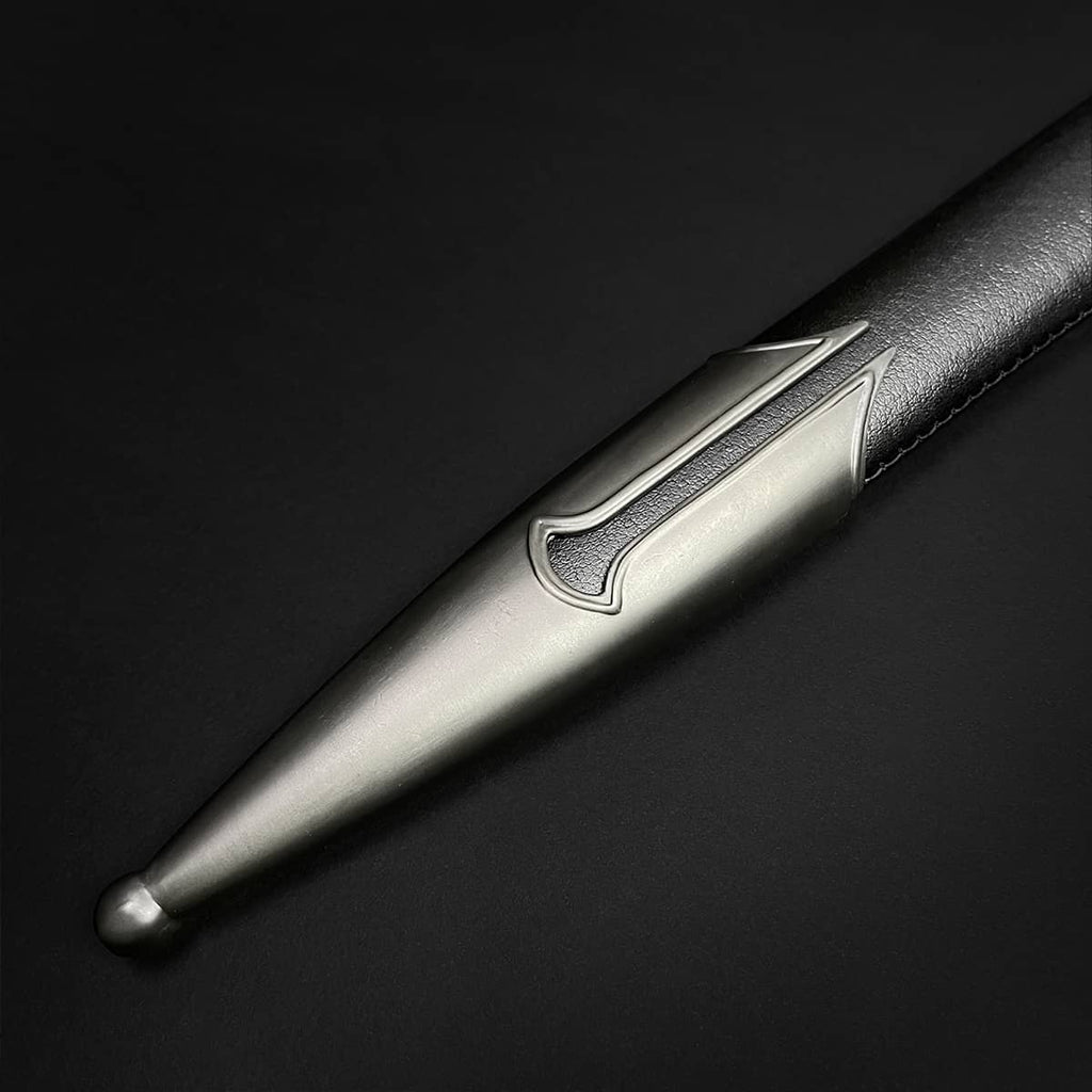 Close-up of knight collections hand-forged battle-ready medieval sword sheath with detailed metalwork