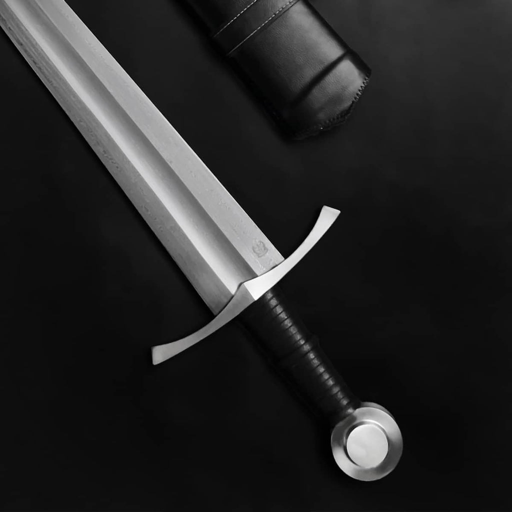 Knights Collection hand-forged damascus medieval sword with double fuller leather wrapped grip and steel crossguard