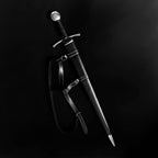 Knights Collection hand-forged damascus medieval sword in black leather scabbard with shoulder harness and steel pommel