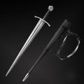 Knights Collection hand-forged damascus medieval sword with leather scabbard and belt on black background