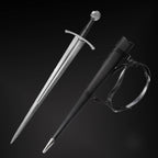 Knights Collection hand-forged damascus medieval sword with leather scabbard and belt on black background