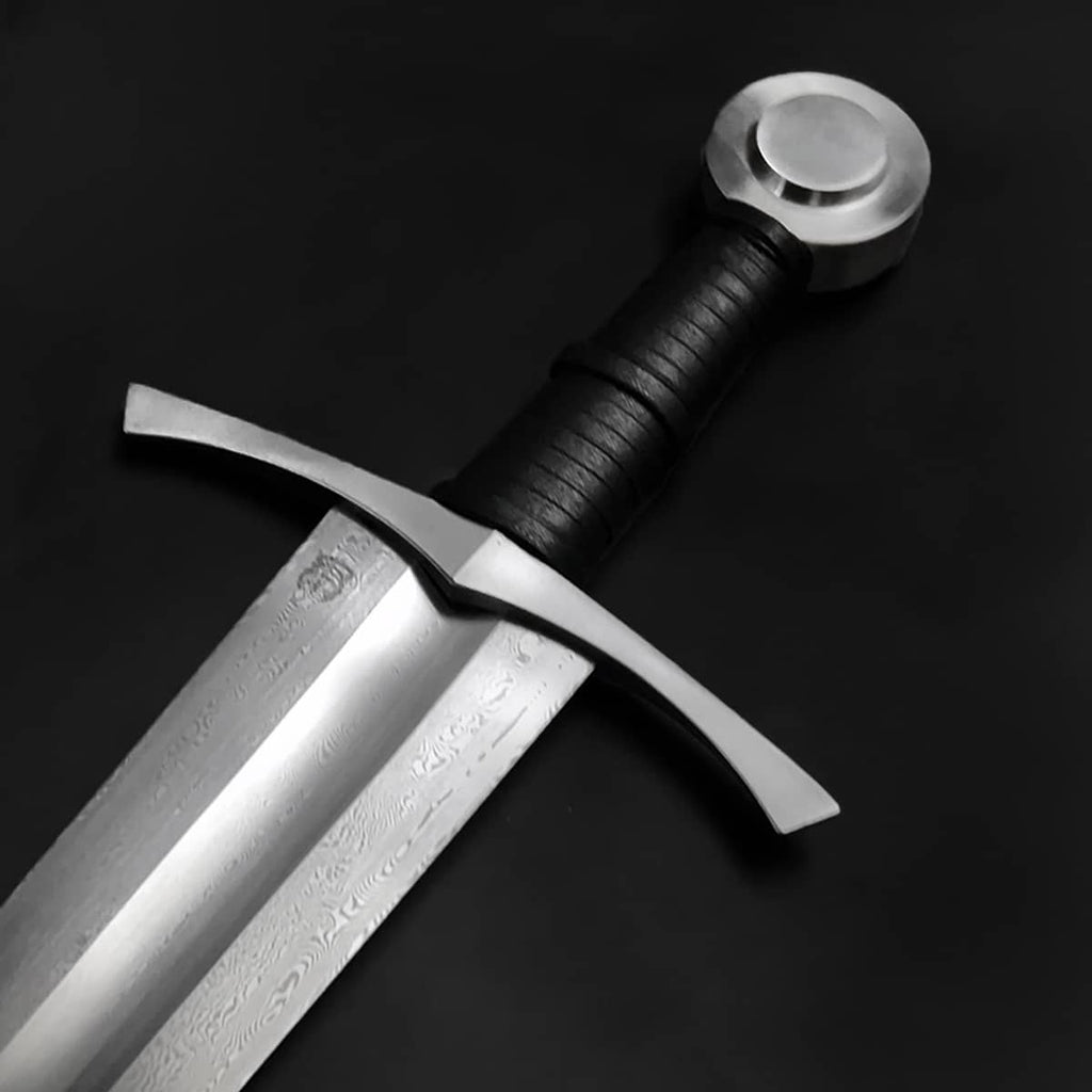 Knights Collection hand-forged damascus medieval sword with Damascus pattern double fuller leather wrapped grip steel pommel