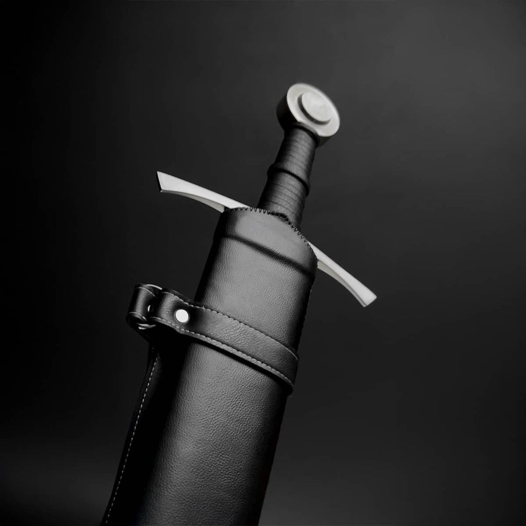 Knights Collection hand-forged damascus medieval sword in black leather scabbard with steel crossguard and wrapped grip