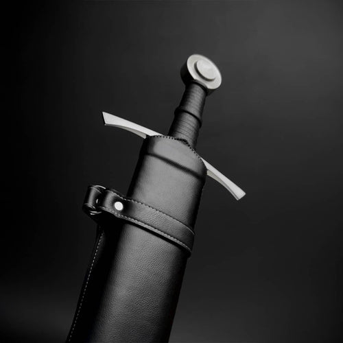 Knights Collection hand-forged damascus medieval sword in black leather scabbard with steel crossguard and wrapped grip