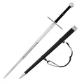 Hand-Forged Medieval Knight Sword with black grip and metal crossguard alongside matching black scabbard