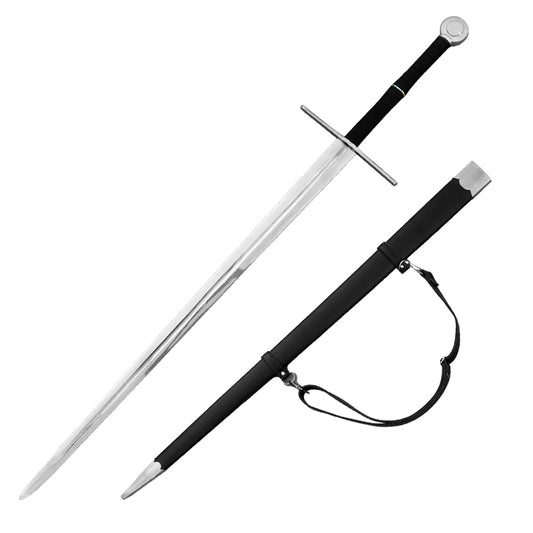 Hand-Forged Medieval Knight Sword with black grip and metal crossguard alongside matching black scabbard