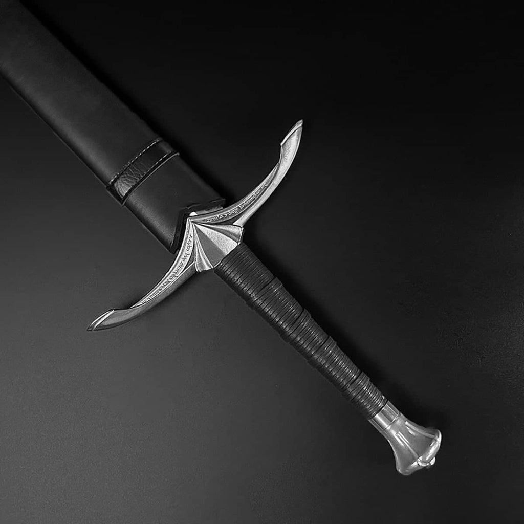 Hand-Forged Medieval Knight Sword with a detailed hilt and black leather handle from Knight's Collection