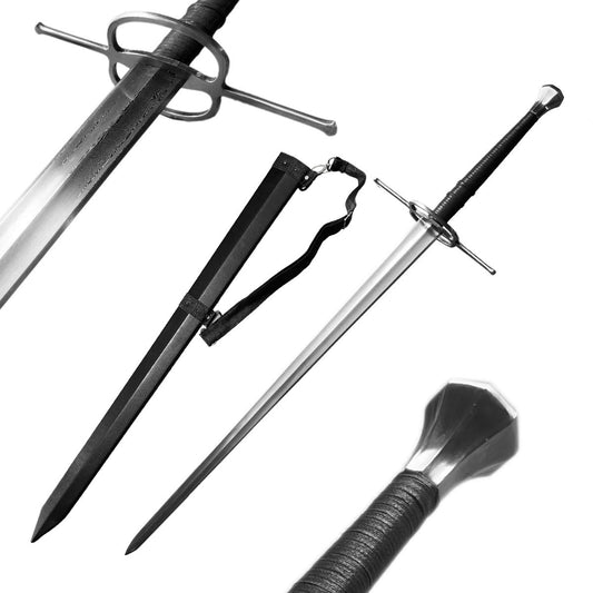 Hand-forged medieval longsword for sale with leather-wrapped handle and black scabbard from Knights Collection