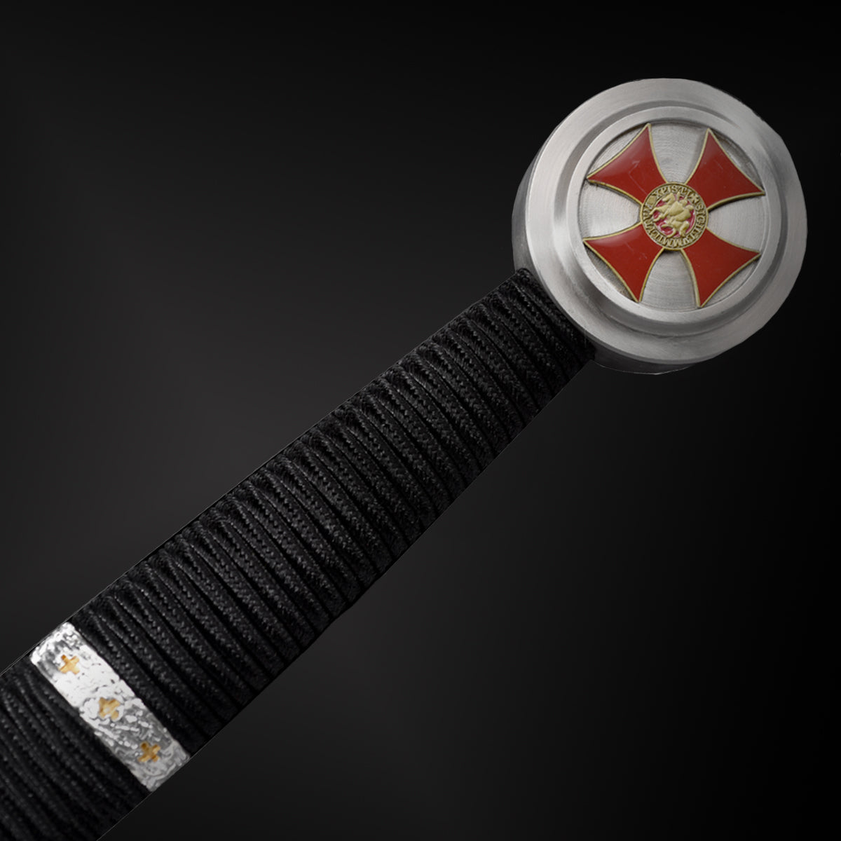 Hand-Forged Medieval Sword with intricate hilt design and black wrapped handle from Knight's Collection