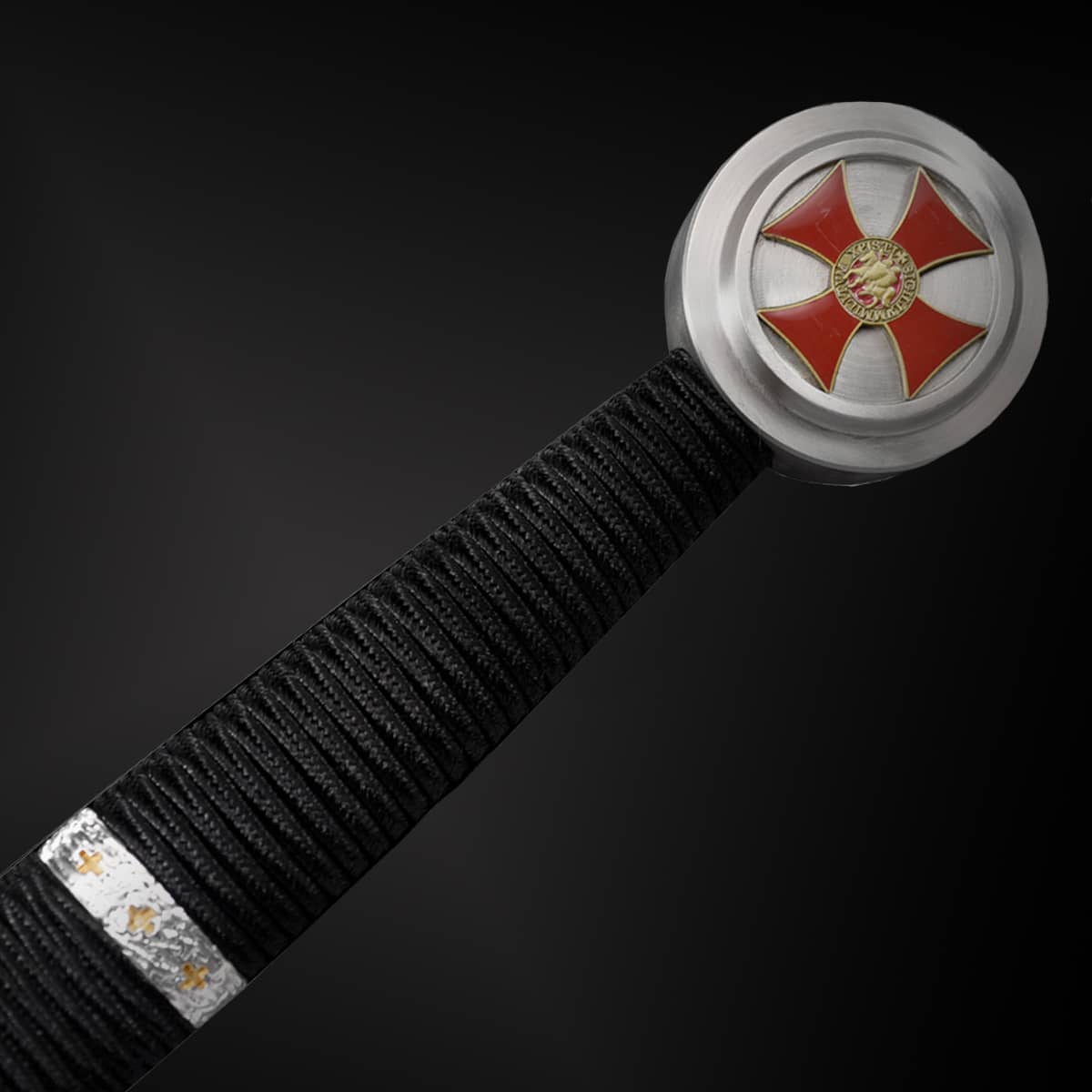 Hand-Forged Medieval Sword with intricate hilt design and black wrapped handle from Knight's Collection