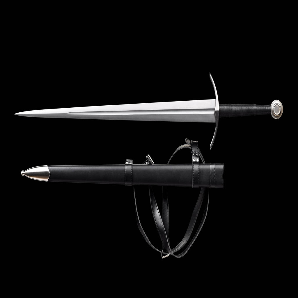 Hand forged medieval sword with leather-wrapped handle and black leather scabbard from Knight's Collection