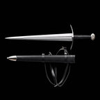 Hand forged medieval sword with leather-wrapped handle and black leather scabbard from Knight's Collection
