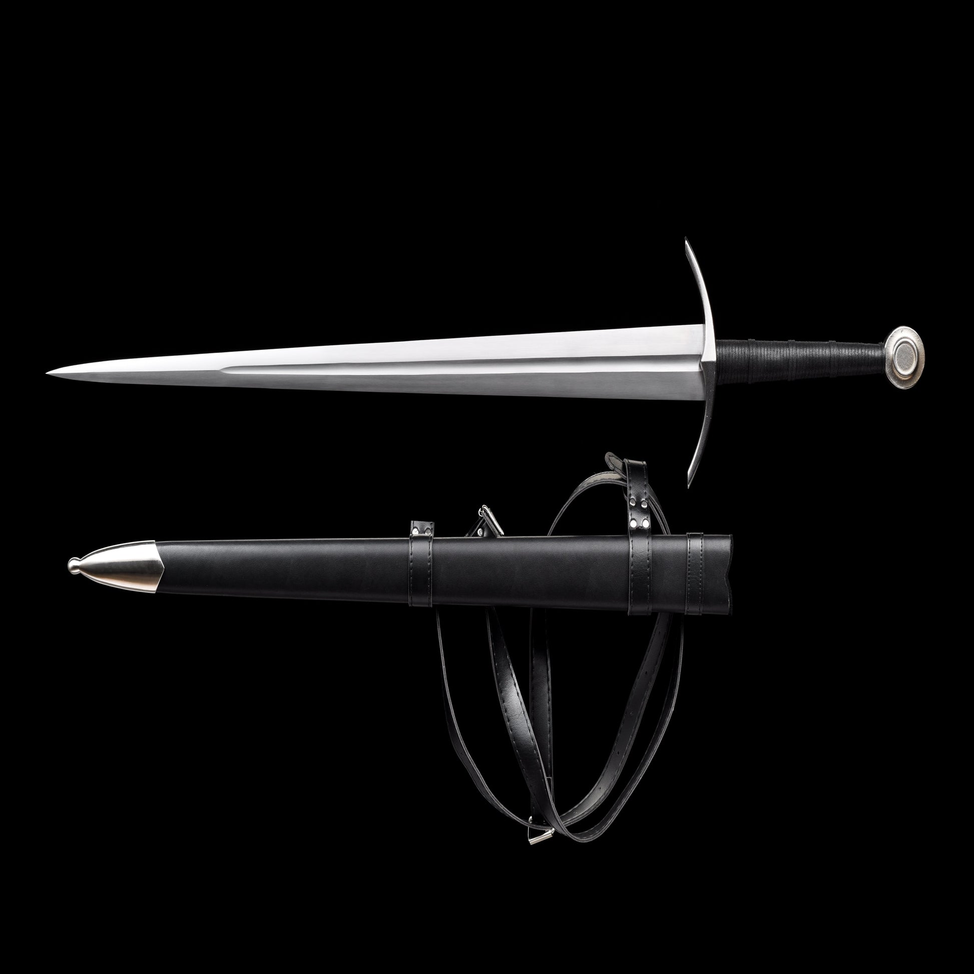 Hand forged medieval sword with leather-wrapped handle and black leather scabbard from Knight's Collection