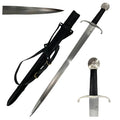Hand-forged medieval sword with black grip, steel crossguard, and black carrying sheath from Knights Collection