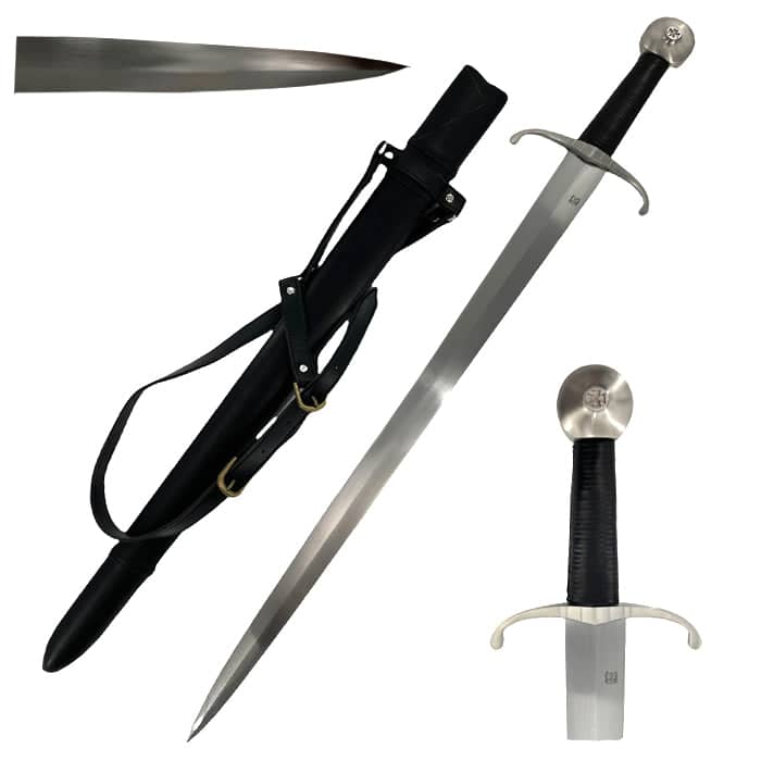 Hand-forged medieval sword with black grip, steel crossguard, and black carrying sheath from Knights Collection