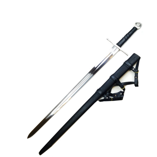 Knights Collection hand-forged medieval sword with polished blade and black leather scabbard