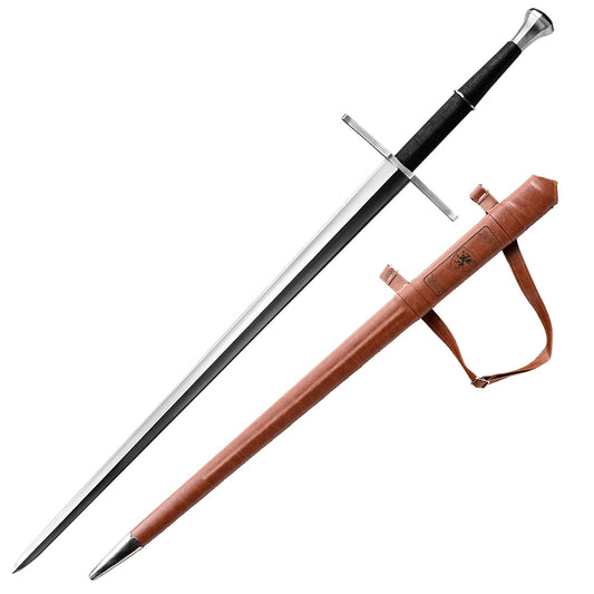 Hand forged medieval sword with black hilt and brown leather scabbard from Knight's Collection