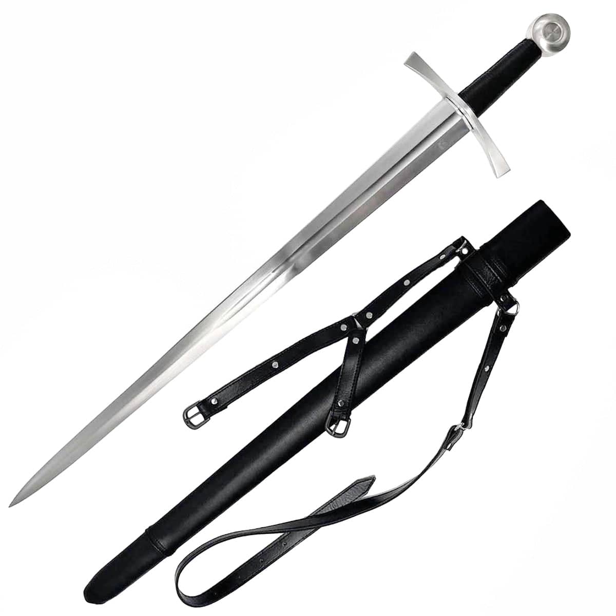 Knights Collection hand forged medieval sword with polished blade and black leather scabbard with straps