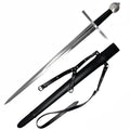 Hand forged medieval sword with long steel blade and black leather scabbard with straps