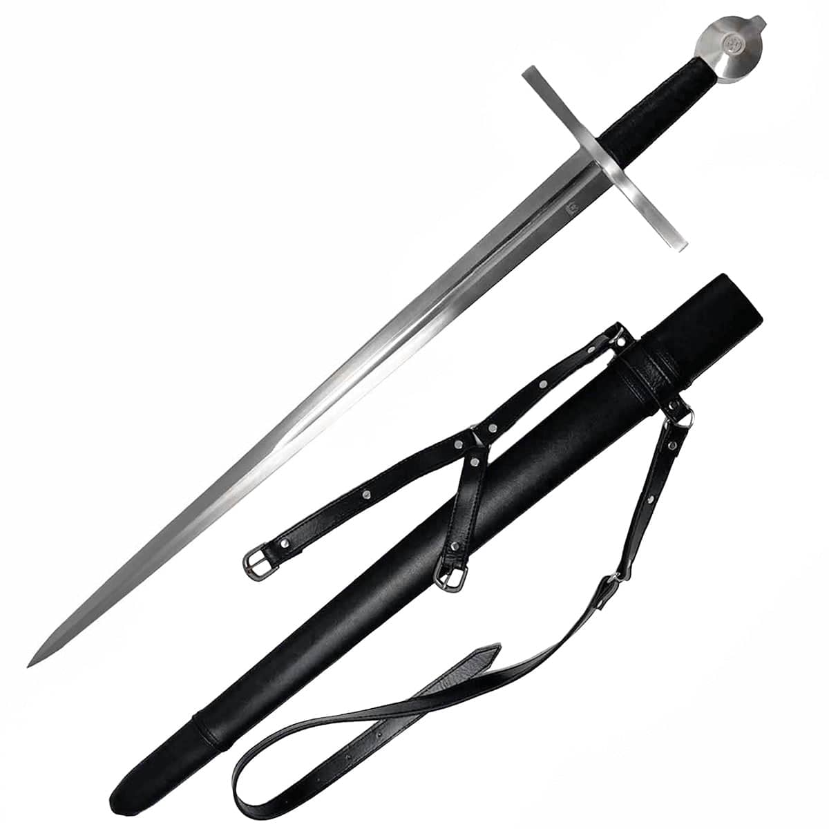 Hand forged medieval sword with long steel blade and black leather scabbard with straps