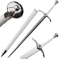 Knight's Collection hand-forged medieval sword with white handle and scabbard featuring detailed metal pommel and crossguard