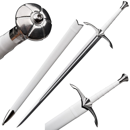Knight's Collection hand-forged medieval sword with white handle and scabbard featuring detailed metal pommel and crossguard
