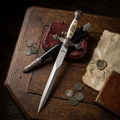 Medieval dagger and scabbard displayed on wooden table with coins