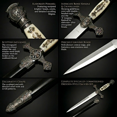 Ornate Dresden-style dagger set with detailed handle and scabbard.