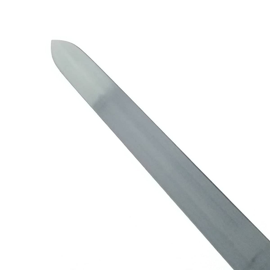 Close-up of the blade of the King's One Hand Medieval Sword with a polished finish and tapered edge