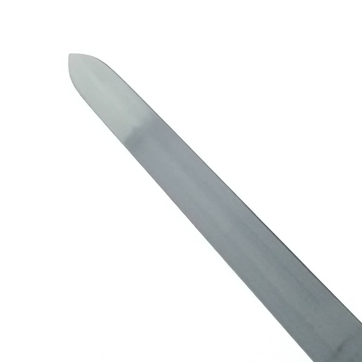 Close-up of the blade of the King's One Hand Medieval Sword with a polished finish and tapered edge