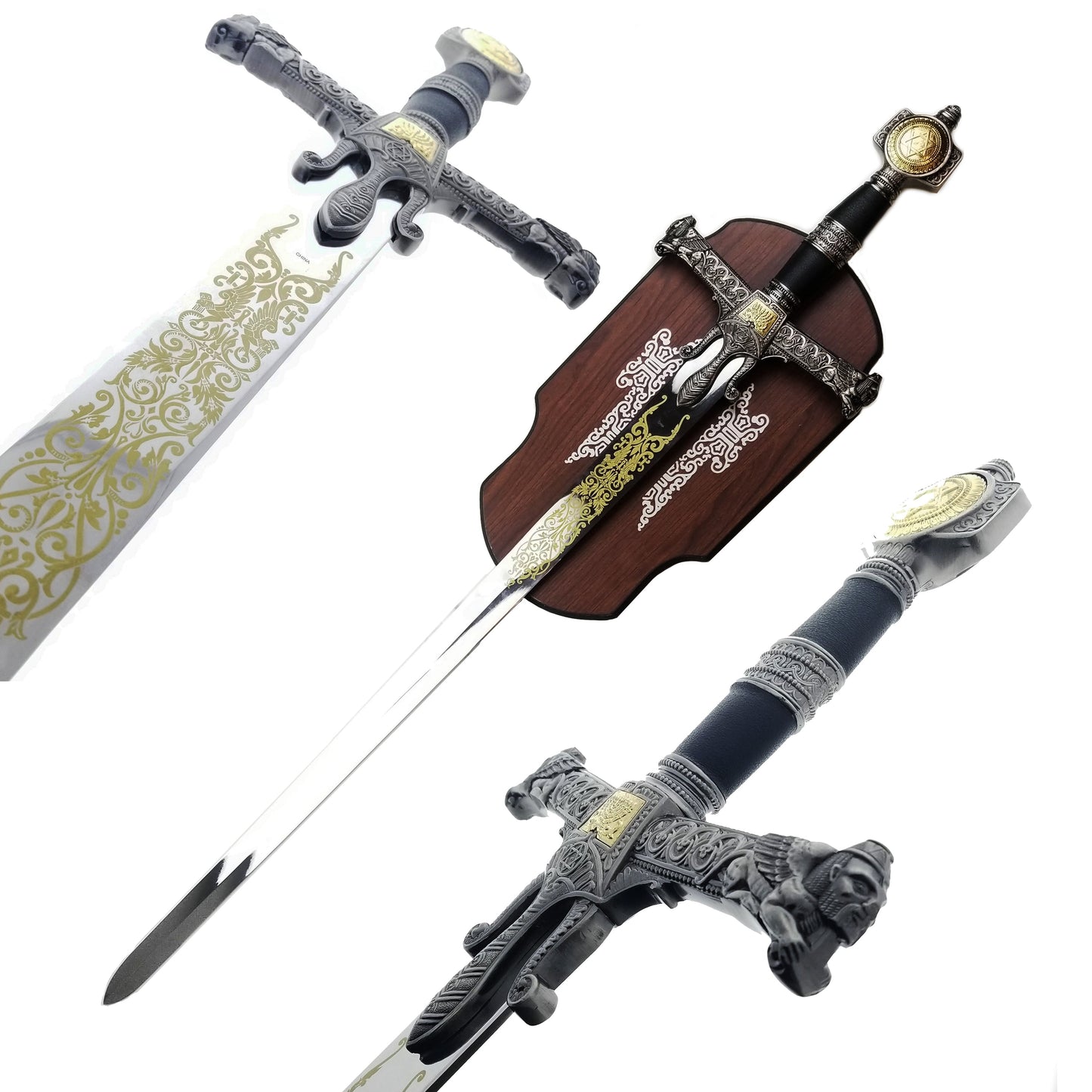 King Solomon Display Medieval Sword by Knight Collections with ornate gold detailing and decorative hilt on wooden plaque