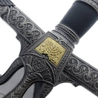 King Solomon Display Medieval Sword close-up showing detailed black and gold decorative hilt by Knight Collections