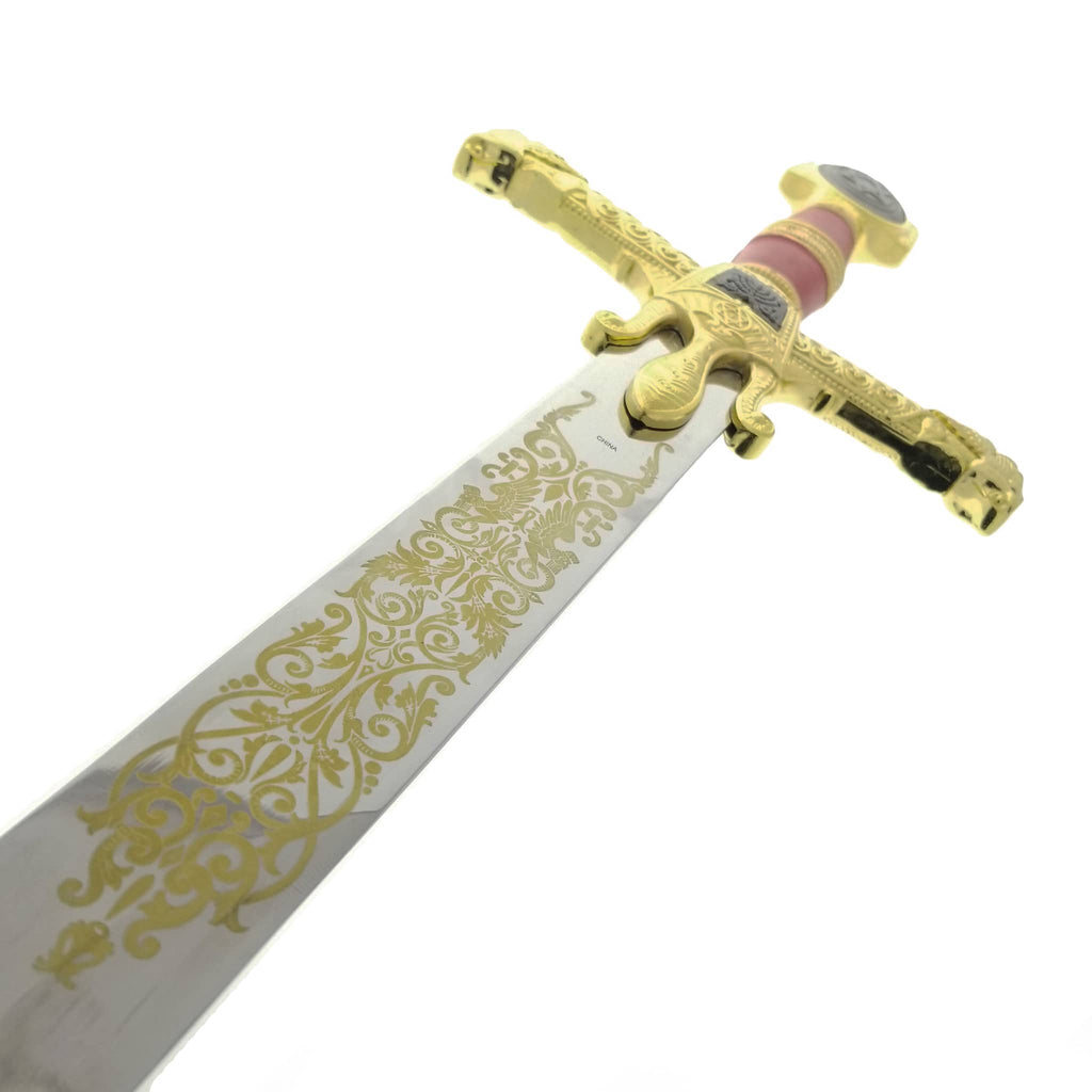 49 Red King Solomon Sword with ornate gold designs and decorative gold handle from Knight Collections