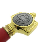 Close-up of the ornate gold and black hilt of the 49" Red King Solomon Sword from Knight Collections