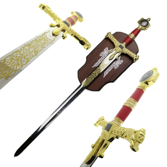 49 Red King Solomon Sword by Knight Collections with ornate gold details and decorative wooden plaque