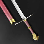 Knight's Collection 'Chimera' Medieval Sword featuring a red leather grip and lion head pommel