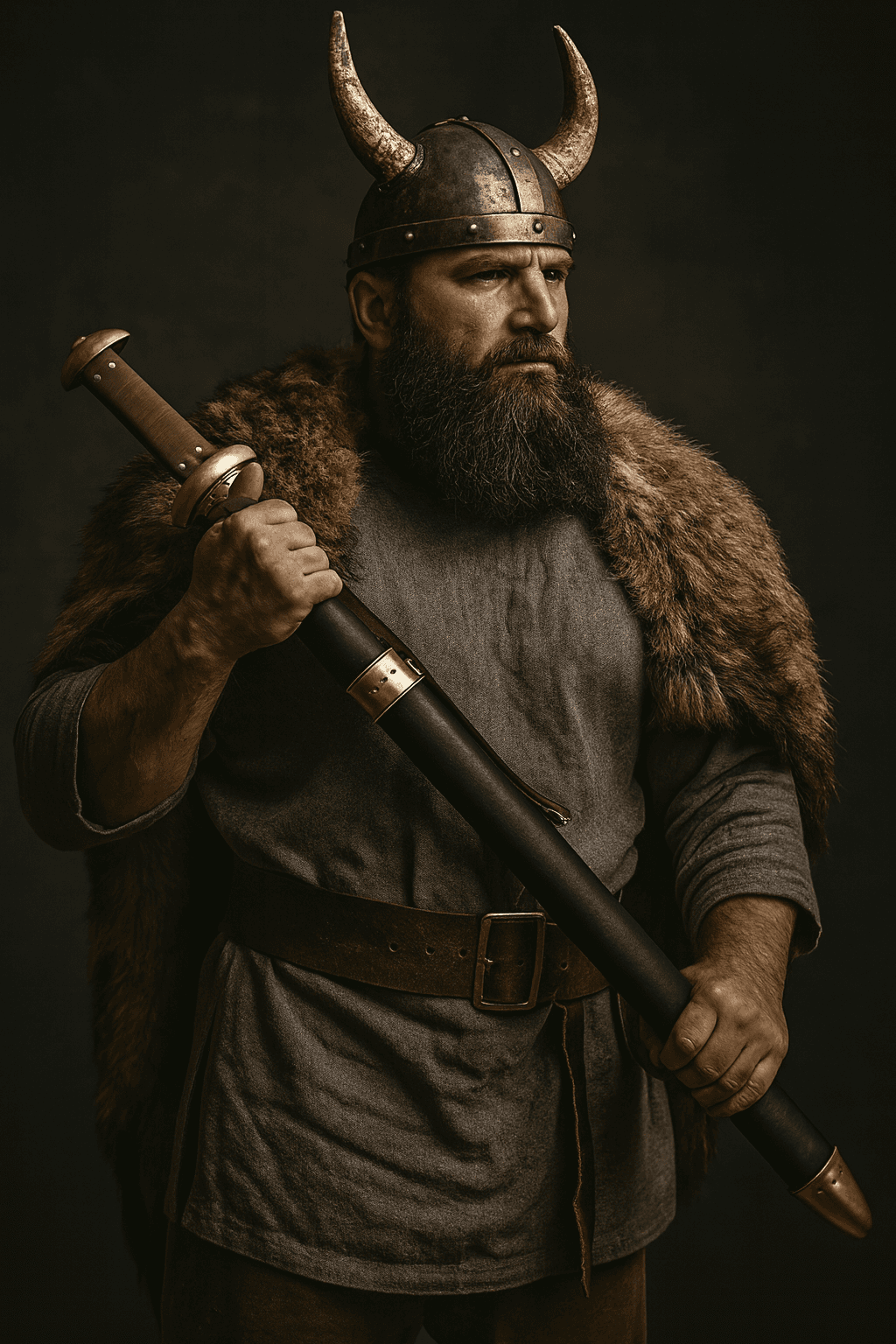 Man in a Viking helmet holding the Knights Collection Godfrid the Battle-Born Viking Sword with fur cape