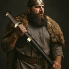Knight's Collection Godfrid the Battle-Born Viking Sword held by a Viking warrior in traditional attire