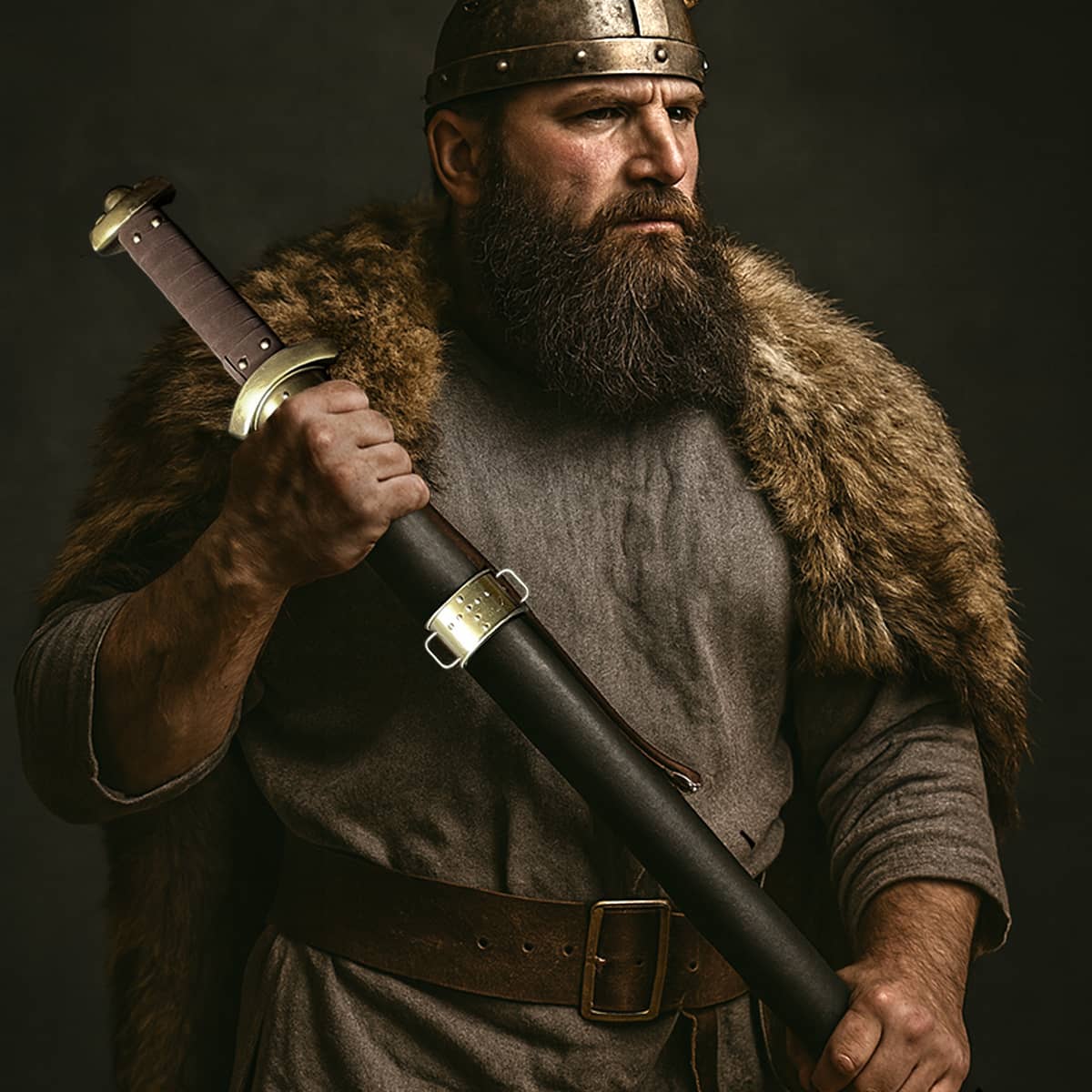 Knight's Collection Godfrid the Battle-Born Viking Sword held by a Viking warrior in traditional attire
