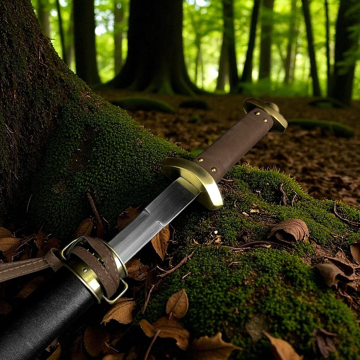 Knights Collection Godfrid the Battle-Born Viking Sword rested on mossy ground with a forest backdrop